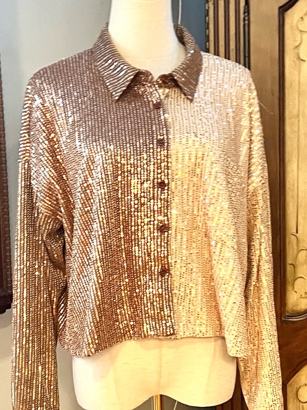 ODDI Rose Gold Dual Tone Sequin Crop Jacket Nashville Concert Glam Size L - Picture 5 of 9